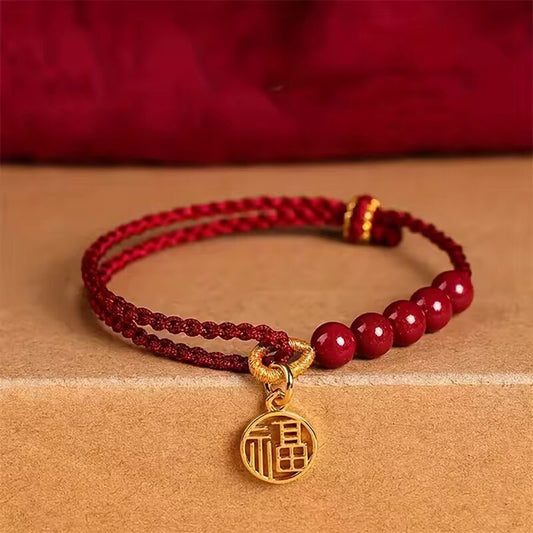 Handwoven Rope Imitation Cinnabar FU Pendant Bracelet for Women Lucky Red Chinese Knot Handmade Braided Bracelet Jewelry Gift